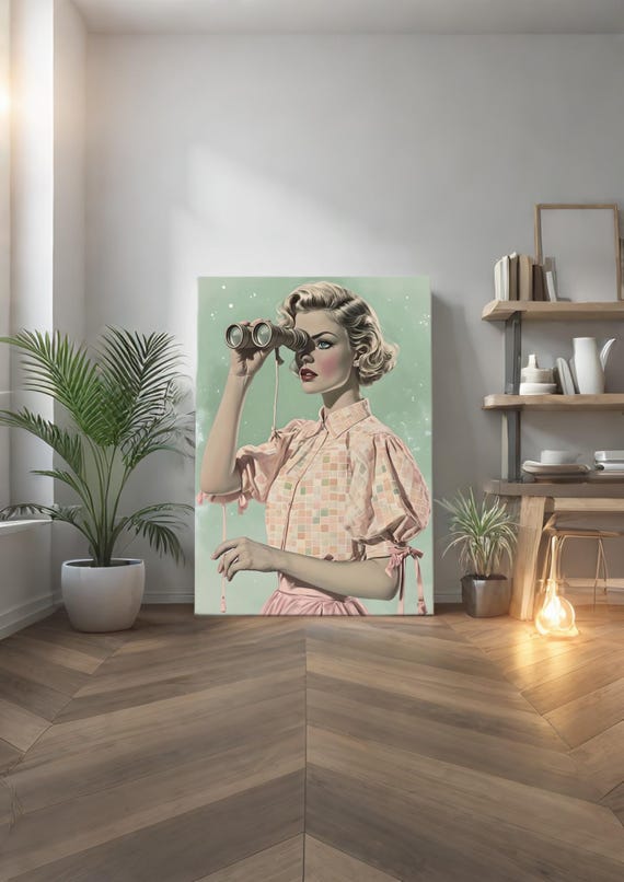 Retro Adventure: Vintage-Inspired Art Print of a Person with Binoculars