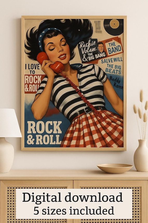 Retro Rock & Roll Girl Digital Poster – Vintage Pin-Up Wall Art, 50s Style, Instant Download for Home Decor