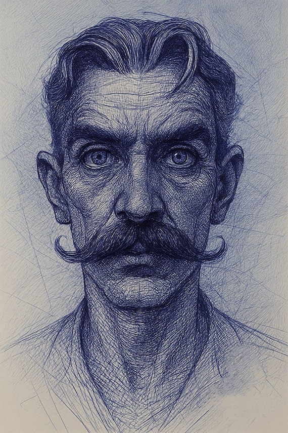 The Blue Ink Gentleman – Pen Art Portrait Download, Vintage Ink Drawing, Instant Printable Wall Art