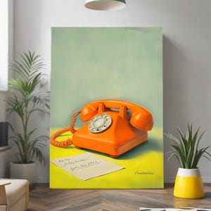Retro Vibes: Vintage Orange Rotary Telephone Art Poster - Nostalgic 70s Decor