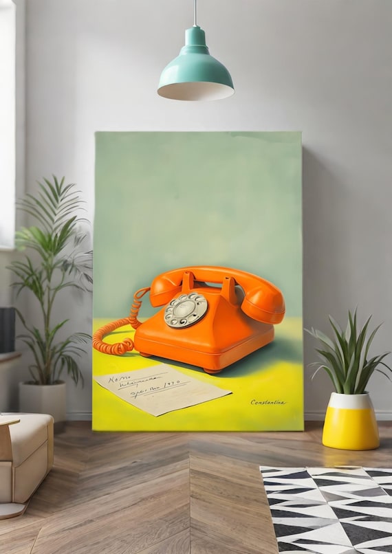 Retro Vibes: Vintage Orange Rotary Telephone Art Poster - Nostalgic 70s Decor