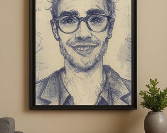 Könnte beinhalten: Ein gerahmtes Stift- und Tusche-Porträt eines Mannes mit Brille und einem lächelnden Gesichtsausdruck. Das Kunstwerk befindet sich in einem schwarzen Rahmen und hängt an einer beigefarbenen Wand über einem Holzschrank. Eine kleine Pflanze in einer grauen Vase steht auf dem Schrank.