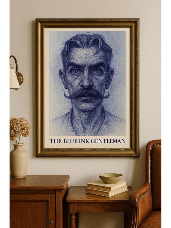 Blue Ink Gentleman Portrait: Vintage Pen Art Print (Digital Download)