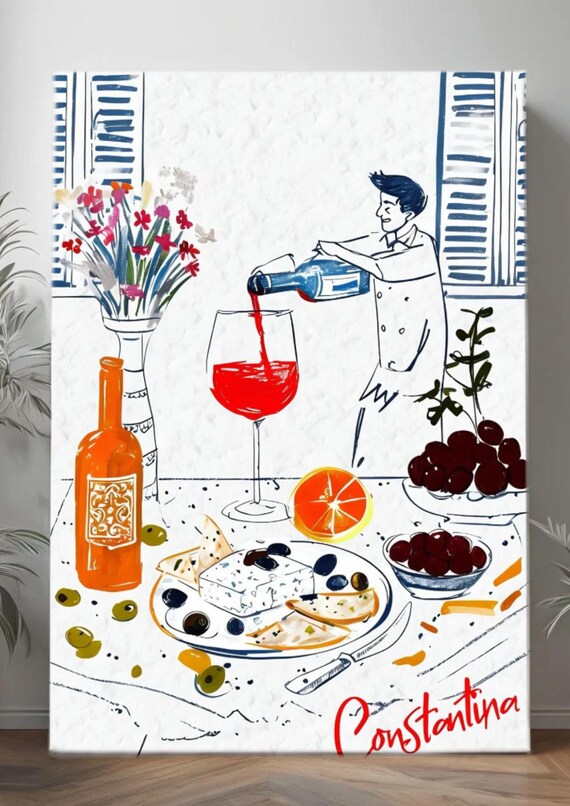 Charming Greek Lunch Scene with Red Wine | Mediterranean Dining Art Print