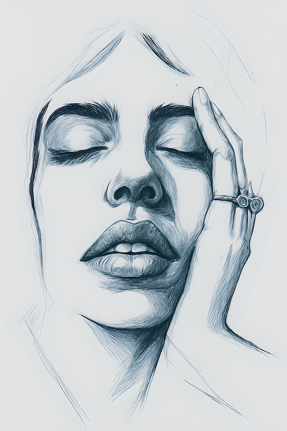 Closed Eyes – Emotional Pen Drawing | Minimalist Line Portrait | Instant Download Wall Art