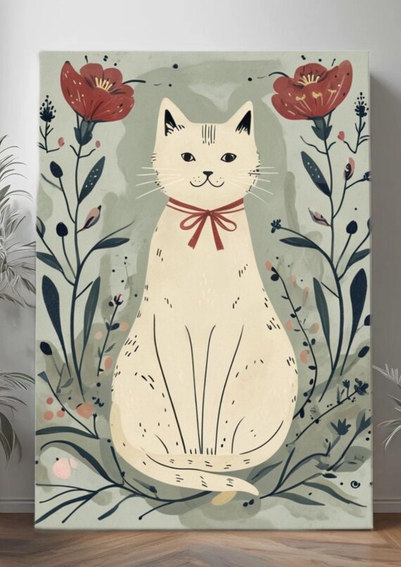 White Cat with Red Bow - Printable Art Poster