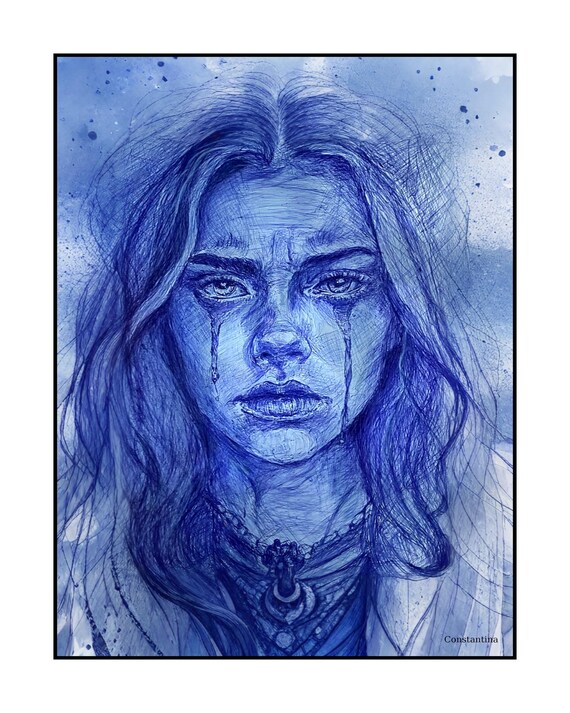 Emotional Portrait Drawing in Blue Ink – Printable Wall Art or Physical Fine Art Print | Woman Crying | Pen and Watercolor Sketch