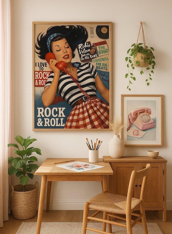 Retro Rock & Roll Girl Poster: Vintage Pin-Up Art (Digital Download