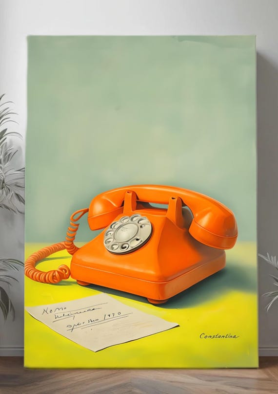 Retro Vibes: Vintage Orange Rotary Telephone Art Poster - Nostalgic 70s Decor