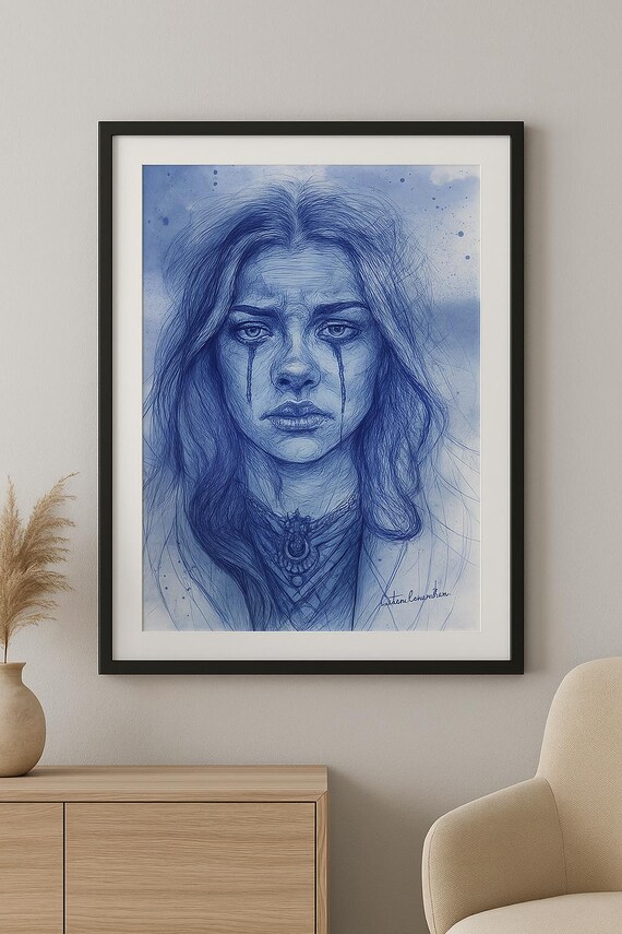 Emotional Woman Portrait: Blue Ink Pen Sketch (Digital Download, Printable Art)