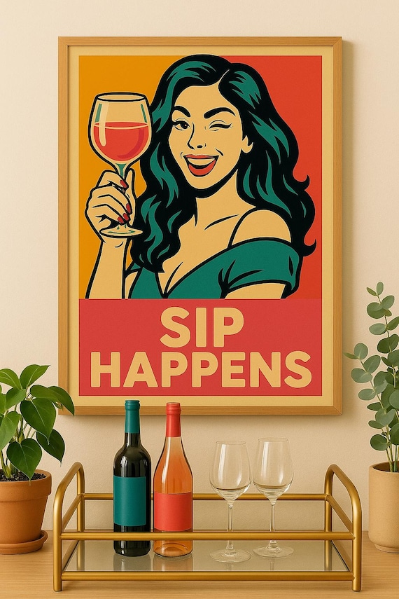 Sip Happens – Funny Wine Art Print, Bold Pop Art Poster for Wine Lovers, Instant Download Wall Art, Kitchen Bar Decor, Digital Printable Gif
