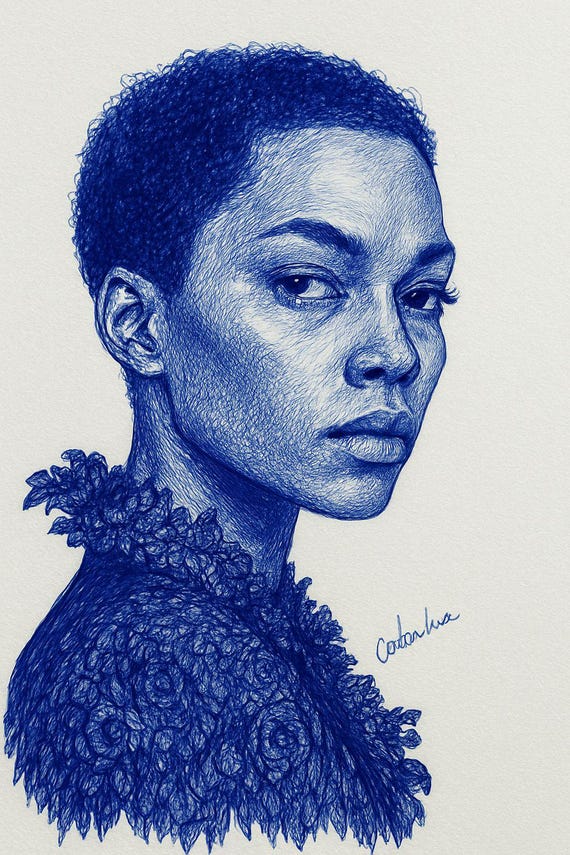 Floral Top Woman – Confident Pen Portrait | Blue Ink Line Art | Printable Wall Art Download