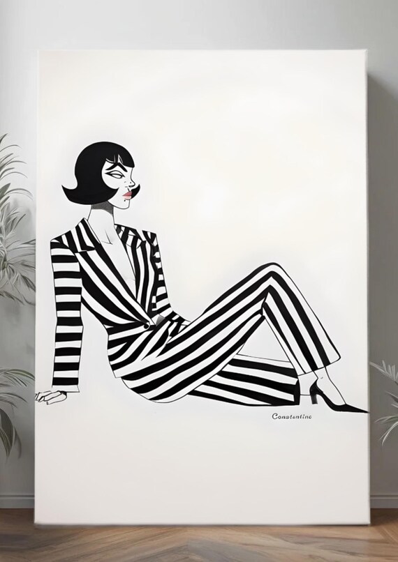 Modern Black-and-White Illustration of a Stylish Woman