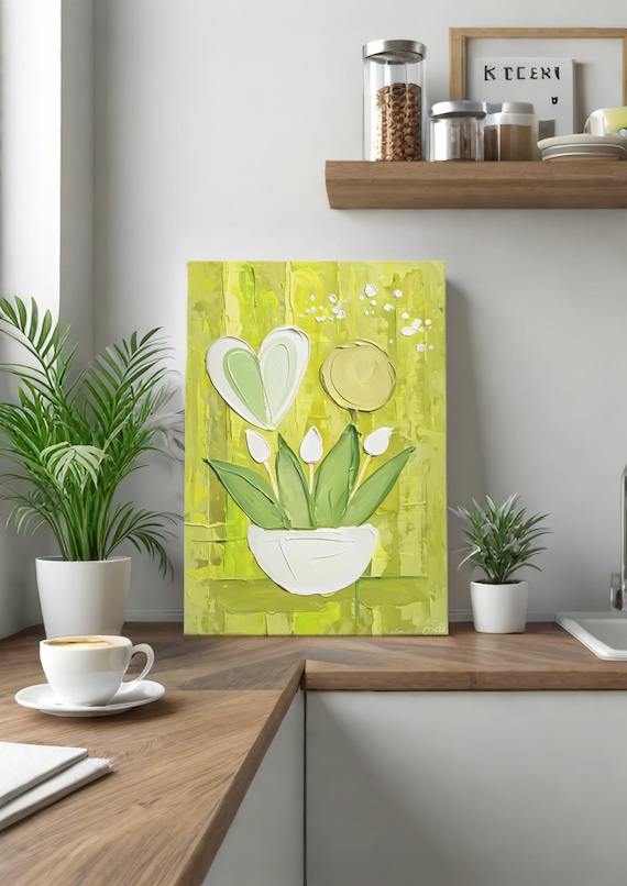 Botanical Wall Art, Floral Canvas Painting, Bright Green Home Decor, Modern Nature Art, Gift for Plant Lovers, Spring Vibes