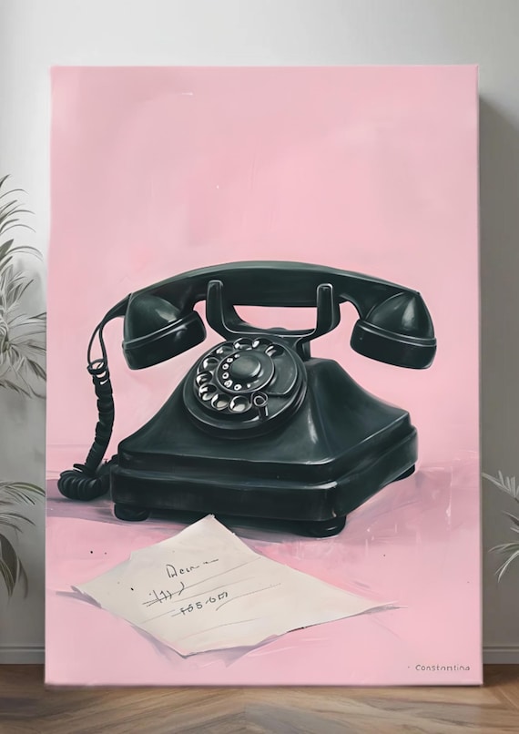 Vintage Rotary Dial Telephone Art Print - Nostalgic Pink Background Decor
