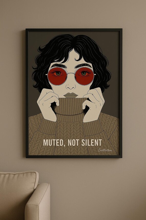 Muted, Not Silent – Retro Red Sunglasses Girl Art Print, Digital Download Poster, Modern Portrait Wall Art, Graphic Fashion Illustration