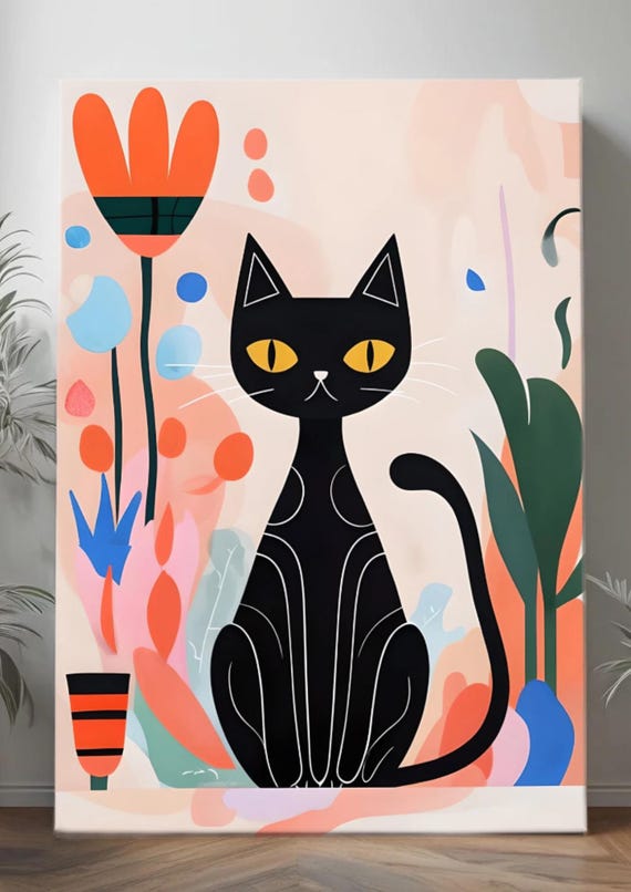 Whimsical Elegance: Abstract Black Cat Art Print