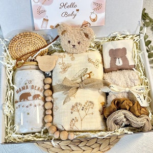 Conjunto de presente MAMA Bear para mãe e bebê com cobertor, presente para nova mãe, presente para gravidez, presente para chá de bebê, cesta para bebê, presente para nova mãe, presente pós-parto