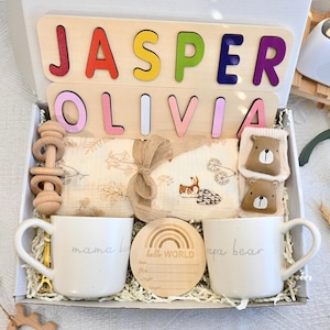 Neue Eltern Geschenkbox mit handgemachtem Namenspuzzle, geschlechtsneutralem Geschenk, neuem Babygeschenk, Schwangerschaftsgeschenk, Mutter und Baby-Geschenkset, Geschenk nach der Geburt