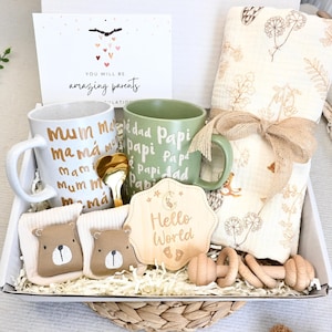 Neue Eltern Geschenkbox, geschlechtsneutrales Geschenk, neues Babygeschenk, Geschlecht enthüllen Geschenk, Schwangerschaftsgeschenk, Mutter und Baby-Geschenkset mit Decke, Geschenk nach der Geburt