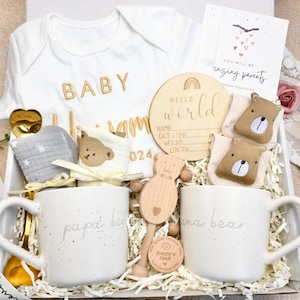 Coffret cadeau pour les nouveaux parents avec grenouillères personnalisées brodées, cadeau de luxe pour les futurs parents, cadeau neutre entre les sexes, cadeau de baby shower, cadeau de grossesse