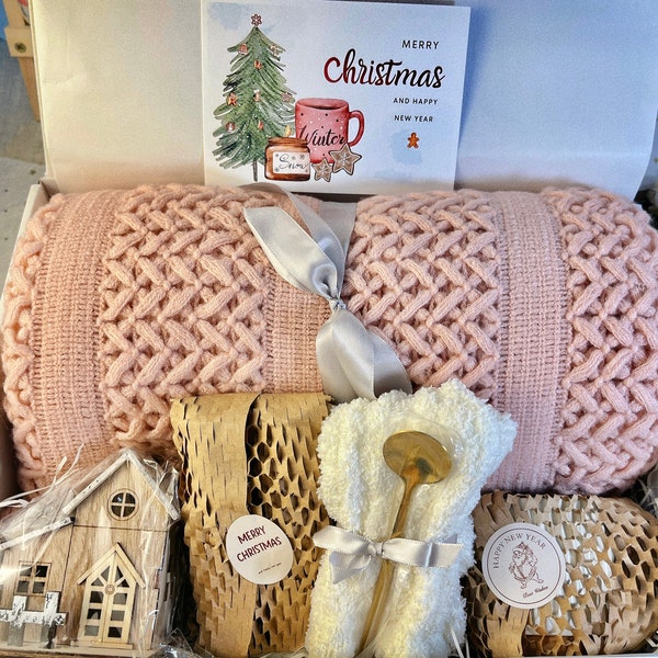 Christmas gift box, Hygge gift box,Christmas Gift Ideas, Christmas gift basket with Blanket,Mug,Wooden House with light,Tea lover Gift box