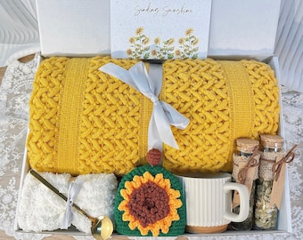 Sympathy gift basket with crochet sunflower,Sending sunshine Gift Box for Women,Gift Bakset for Mom,Birthday Box for Her,Sister, Bestie gift