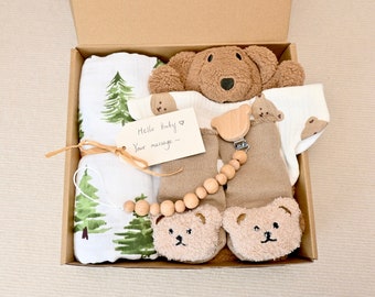 Baby boy bear gift box，Custom new baby boy gift，Gender neutral baby gift box, baby swaddle blanket,Baby shower gift