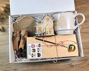 Christmas gift box, Holiday Gift Box, Christmas Gift Ideas, Christmas gift basket with Mug,Wooden House,socks and tea