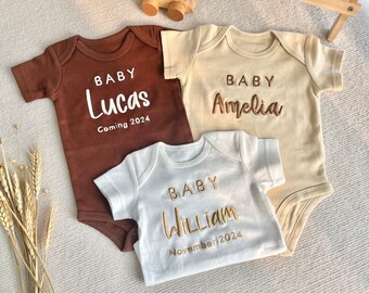 Pregnancy Announcemen,Embroidered Cotton Baby Onesies,Custom Boy and Girl Natural Baby Name ,Expecting Due Date,Custom baby shower gift