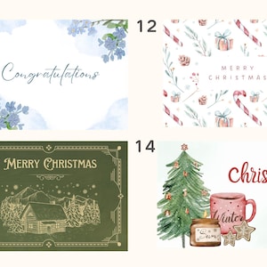 May include: Four different Christmas card designs. The first card has a blue watercolor background with blue flowers and the text "Congratulations". The second card has a white background with a repeating pattern of green leaves, red candy canes, and small red and white gift boxes. The text "Merry Christmas" is in the center of the card. The third card has a green background with a gold frame and the text "Merry Christmas". The fourth card has a light blue background with a green Christmas tree, a red mug with the word "Winter" on it, and a jar with the word "Snow" on it. The text "Merry Christmas and Happy New Year" is at the top of the card.