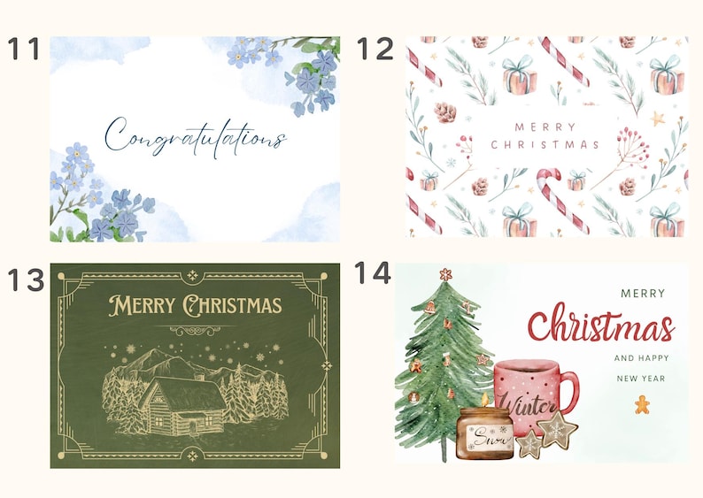 May include: Four different Christmas card designs. The first card has a blue watercolor background with blue flowers and the text "Congratulations". The second card has a white background with a repeating pattern of green leaves, red candy canes, and small red and white gift boxes. The text "Merry Christmas" is in the center of the card. The third card has a green background with a gold frame and the text "Merry Christmas". The fourth card has a light blue background with a green Christmas tree, a red mug with the word "Winter" on it, and a jar with the word "Snow" on it. The text "Merry Christmas and Happy New Year" is at the top of the card.