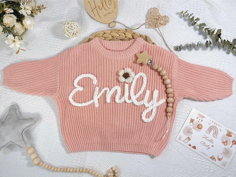 Custom baby name gift,hand embroidered baby sweaters,Custom Newborn gift, Baby shower gift, Birthday gift for baby boy and girl,new mom gift zdjęcie 1