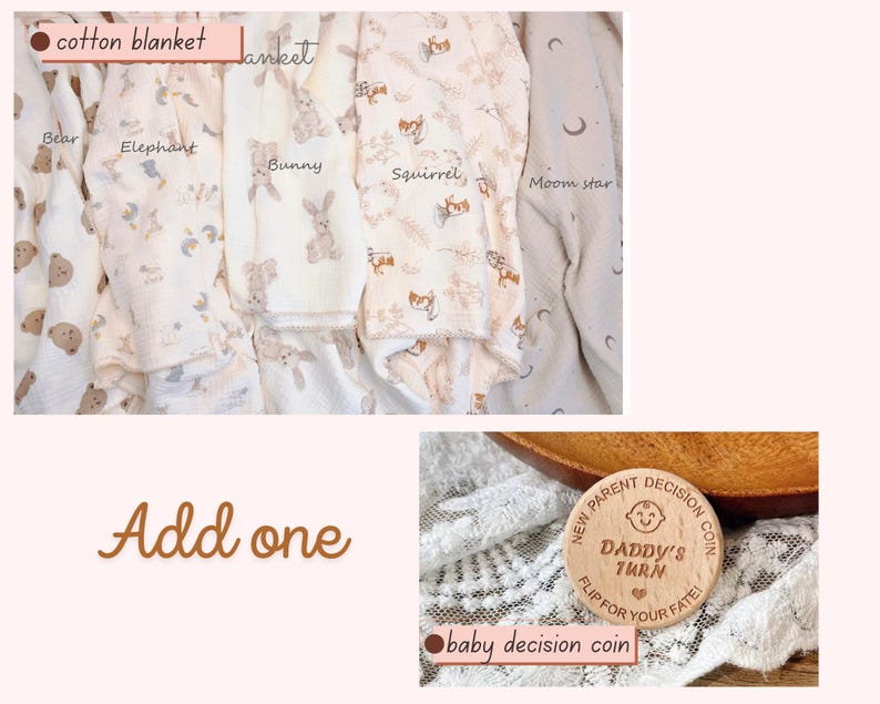 May include: A selection of soft cotton baby blankets with animal patterns, including bears, elephants, bunnies, squirrels, and moon stars. A wooden baby decision coin is also shown.