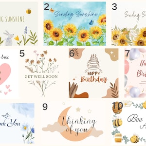 May include: A set of ten digital greeting cards featuring various designs with floral, animal, and abstract elements. The cards include messages such as "Sending Sunshine", "Hug in a box", "Get Well Soon", "Happy Birthday", "Thinking of you", and "Bee Happy".