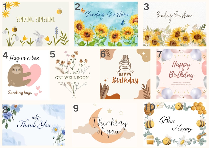 May include: A set of ten digital greeting cards featuring various designs with floral, animal, and abstract elements. The cards include messages such as "Sending Sunshine", "Hug in a box", "Get Well Soon", "Happy Birthday", "Thinking of you", and "Bee Happy".