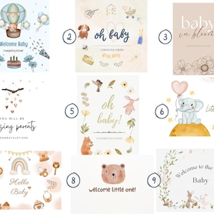 May include: A collection of nine baby-themed greeting cards with watercolor illustrations. Designs include a hot air balloon, animals, floral arrangements, and the phrases "Welcome Baby," "Oh Baby," and "Hello Baby."