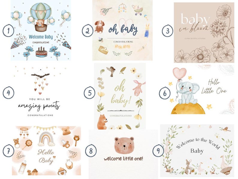 May include: A collection of nine baby-themed greeting cards with watercolor illustrations. Designs include a hot air balloon, animals, floral arrangements, and the phrases "Welcome Baby," "Oh Baby," and "Hello Baby."
