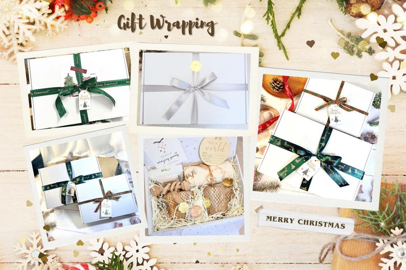 May include: A collage of gift boxes, each wrapped in white paper and adorned with ribbons. Some boxes feature green ribbons with a festive pattern, while others have silver or brown ribbons. The boxes are decorated with tags and placed on a wooden surface.