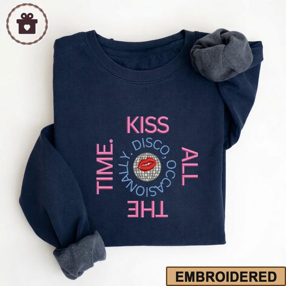 Embroidered Concert T-Shirt, Kiss All The Time. Disco, Occasionally. HS4 Shirt, Retro Character Print Tee, Trendy Pop Concert Fan Gift
