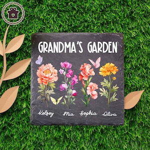 Grandma&#39;s Garden Stone, Mother&#39;s Day Gifts for Grandma with Grandkid&#39;s Birth Flower, Custom Birth Month Flower Garden Stone, Birthday Gift