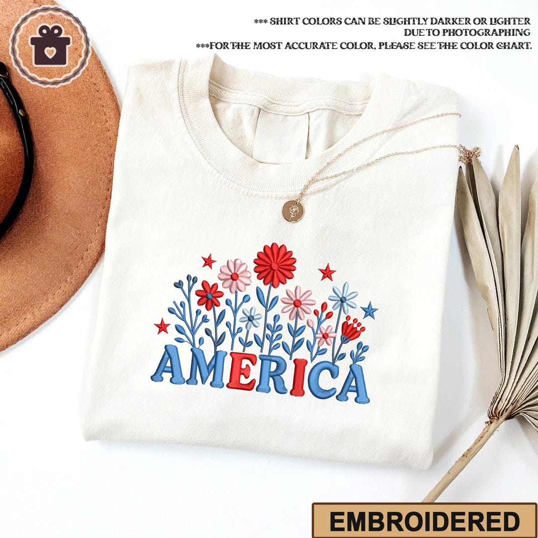 Wildflowers America Embroidered Shirt,4th of July Floral Embroidery ...