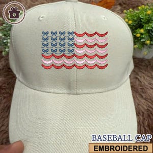Bow Scalloped American Flag July 4th Summer Embroidered Hat, USA Flag Embroidery Hat, Independence Day Hat, Patriotic Hat, 4th of July Hat