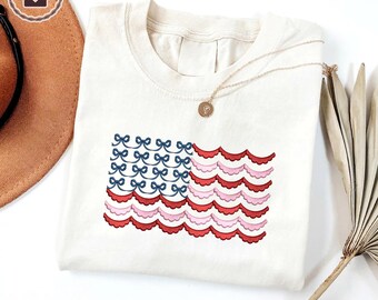 Bow Scalloped American Flag Embroidered Shirt, American Girl Shirt, USA Est 1776 Shirt, Girly 4th of July Shirt, Patriotic Women Shirt