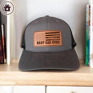 Personalized Kids Name Dad Hat, Custom Dad USA Flag Leather Patch Hat, Dad and Kids Trucker Hat, Dad Hat, Fathers Day Hat, Grandpa Hat Gift