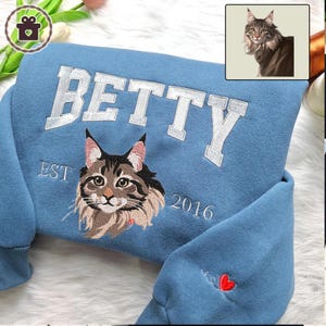 Custom Pet Embroidered Shirt, Cat Sweatshirt, Personalized Cat Hoodie, Cat Mom Gift, Personalized Pet Face and Pet name Shirt, Gift For Mom