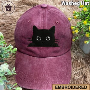 Embroidered Black Cat Baseball Cap, Cat Mom Embroidered Hat, Adjustable Vintage Dad Hat, Soft Cotton, Cute Cat Lover Gift