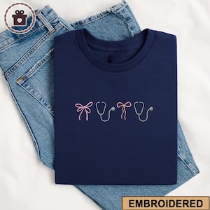 Embroidered Coquette Stethoscope Sweatshirt, Nurse Coquette Shirt, Nursing Student Tshirt, Embroidered Nursing Bow Shirt, CNA Sweatshirt