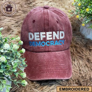Defend Democracy Embroidered Hat, Anti Trump Baseball Cap, Democrat Gift, Resist Baseball Cap, Leftist Anti-MAGA Liberal Progressive Hat