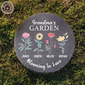 Grandma&#39;s Garden Stone, Mother&#39;s Day Gifts for Grandma with Grandkid&#39;s Birth Flower, Custom Birth Month Flower Garden Stone, Birthday Gift